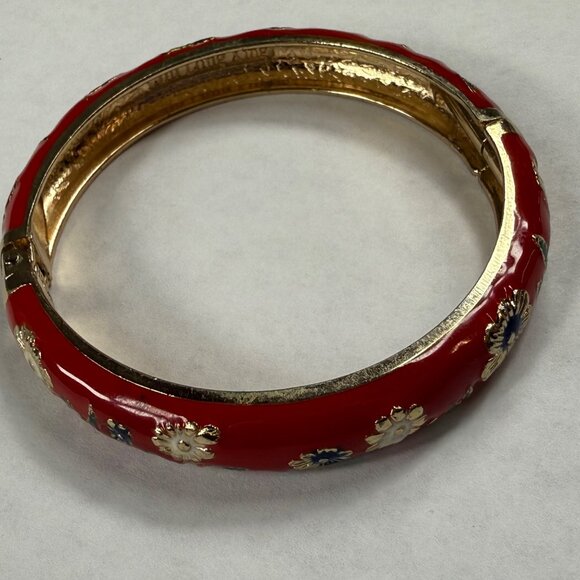 Clamper Style Bracelet Red Color Flower Pattern Accent Multicolor Enamel Painted - Picture 10 of 16